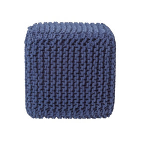 Homescapes Navy Blue Cube Cotton Knitted Pouffe Footstool