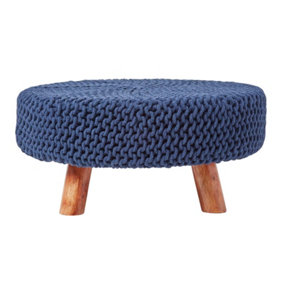 Homescapes Navy Blue Large Round Cotton Knitted Footstool on Legs