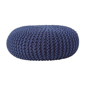 Homescapes Navy Blue Large Round Cotton Knitted Pouffe Footstool