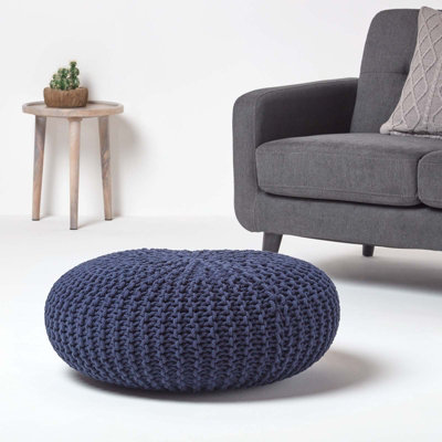 Homescapes Navy Blue Large Round Cotton Knitted Pouffe Footstool