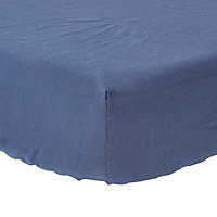 Homescapes Navy Blue Linen Fitted Sheet, Single
