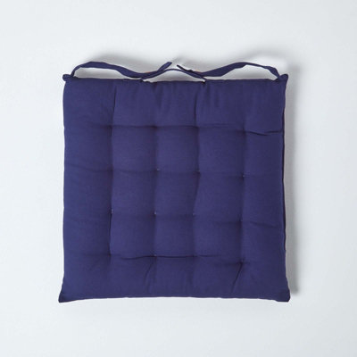 Homescapes Navy Blue Plain Seat Pad with Button Straps 100% Cotton 40 x 40 cm