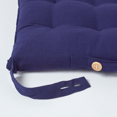 Homescapes Navy Blue Plain Seat Pad with Button Straps 100% Cotton 40 x 40 cm