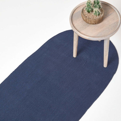 Homescapes Navy Handmade Woven Braided Oval Hallway Rug, 66 x 200 cm