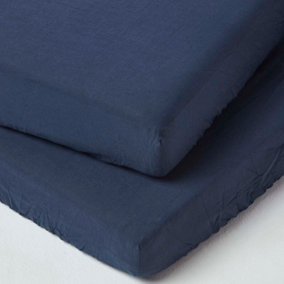 Homescapes Navy Linen Cot Bed Fitted Sheets 70 x 140 cm, Pack of 2