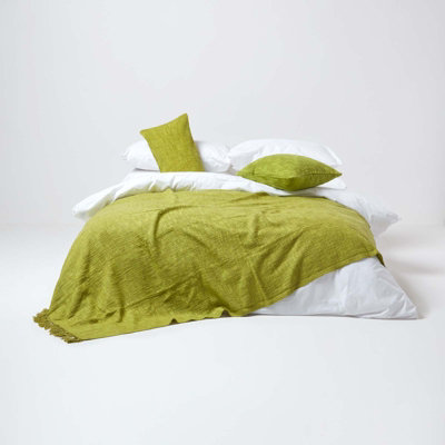Homescapes Nirvana Slub Cotton Lime Green Throw, 225 x 255 cm