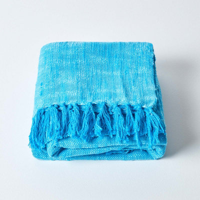 Homescapes Nirvana Slub Cotton Teal Throw, 225 x 255 cm