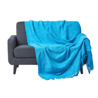 Homescapes Nirvana Slub Cotton Teal Throw, 255 x 360 cm
