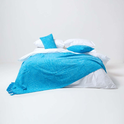 Homescapes Nirvana Slub Cotton Teal Throw, 255 x 360 cm