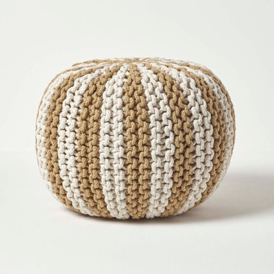 Homescapes Off White and Linen Knitted Pouffe Striped Footstool 35 x 40 cm