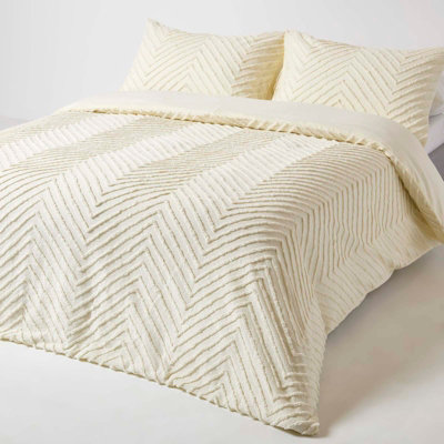 Homescapes Off White Chevron Cotton Tufted Duvet Cover Set, Double