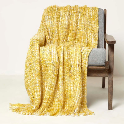 Homescapes Ophelia Soft Yellow Throw with Tassels 125 x 150 cm