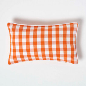 Homescapes Orange Block Check Cotton Gingham Cushion Cover, 30 x 50 cm