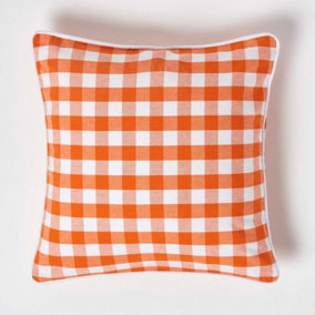 Homescapes Orange Block Check Cotton Gingham Cushion Cover, 45 x 45 cm