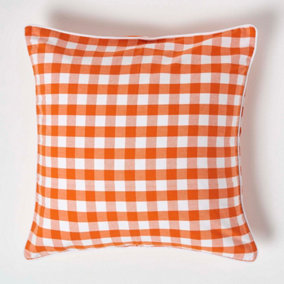 Homescapes Orange Block Check Cotton Gingham Cushion Cover, 60 x 60 cm