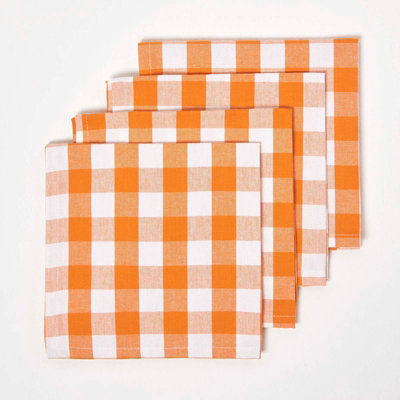 Homescapes Orange Block Check Cotton Gingham Napkins, Set of 4