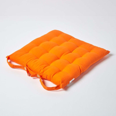 Homescapes Orange Plain Seat Pad with Button Straps 100% Cotton 40 x 40 cm
