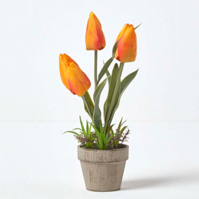 Homescapes Orange & Red Artificial Tulips in Grey Decorative Stone Pot, 27 cm