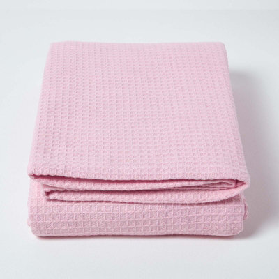 Homescapes Organic Cotton Waffle Blanket/ Throw Pink, 228 x 228 cm