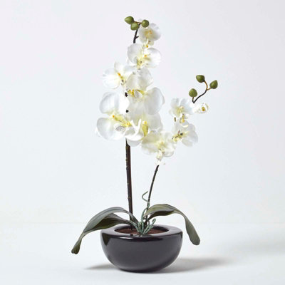 Homescapes Oriental Style Cream Orchids in Black Bowl