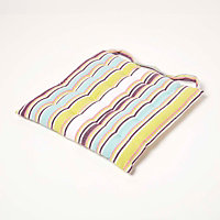 Homescapes Oska Green Stripe Seat Pad with Button Straps 100% Cotton 40 x 40 cm