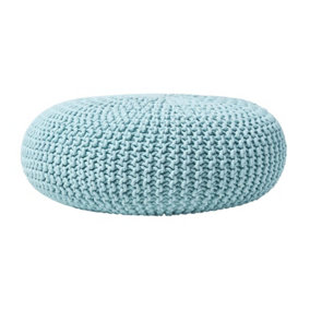 Homescapes Pastel Blue Large Round Cotton Knitted Pouffe Footstool