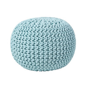 Homescapes Pastel Blue Round Cotton Knitted Pouffe Footstool