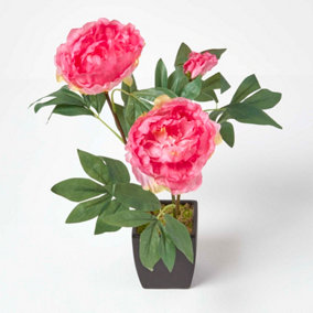 Homescapes Pink Artificial Peonies in Decorative Black Pot, 48 cm Tall