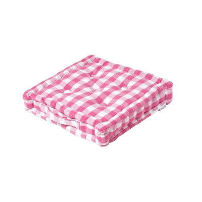 Homescapes Pink Block Check Cotton Gingham Floor Cushion, 50 x 50 cm