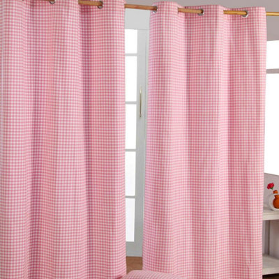 Homescapes Pink Cotton Gingham Eyelet Curtains 137 x 182 cm