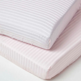 Homescapes Pink Cotton Stripe Cot Bed Fitted Sheets 330 Thread Count, 2 Pack
