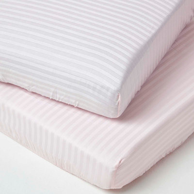 Homescapes Pink Cotton Stripe Fitted Cot Sheets 330 Thread Count, 2 Pack