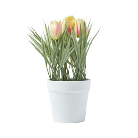Homescapes Pink & Cream Artificial Tulips in White Decorative Pot, 22 cm Tall