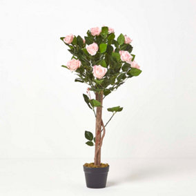 Homescapes Pink Potted Rose Tree Artificial Plant with lifelike green leaves and single trunk, 90 cm