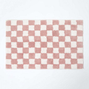 Homescapes Pink & White Check 100% Cotton Non Slip Bath Mat