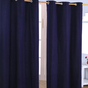 Homescapes Plain Off Navy Blue Cotton Eyelet Curtains 117 x 137 cm