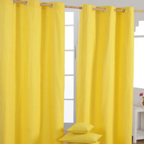 Homescapes Plain Yellow Cotton Eyelet Curtains 117 x 137 cm