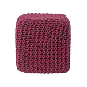 Homescapes Plum Cube Cotton Knitted Pouffe Footstool