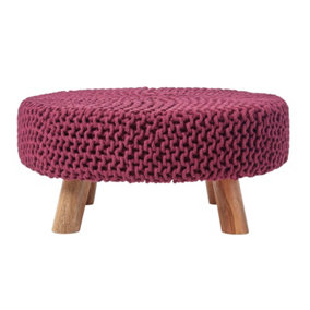 Homescapes Plum Large Round Cotton Knitted Footstool on Legs