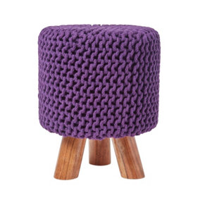 Homescapes Plum Tall Cotton Knitted Footstool on Legs