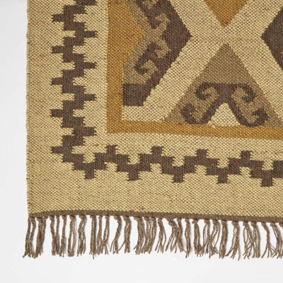 Homescapes Ravar Brown & Gold Kilim Runner Wool Rug 66 x 200 cm