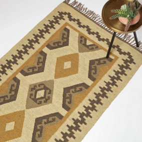 Homescapes Ravar Brown & Gold Kilim Wool Rug 120 x 170 cm