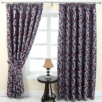 Homescapes Red and Blue Jacquard Curtain Abstract Design Fully Lined - 46" X 90" Drop