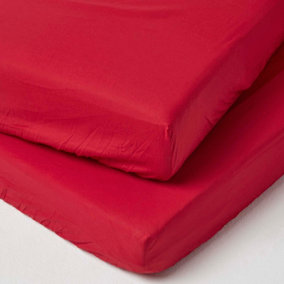 Homescapes Red Cotton Cot Bed Fitted Sheets 200 Thread Count, 2 Pack