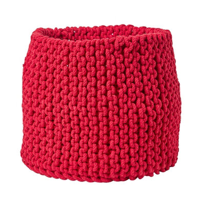 Homescapes Red Cotton Knitted Round Storage Basket, 42 x 37 cm