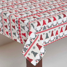 Homescapes Red & Cream Santa Gonk Christmas Table Cloth, 127 x 177 cm