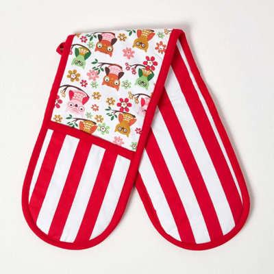 Homescapes Red Owls Cotton Double Oven Glove