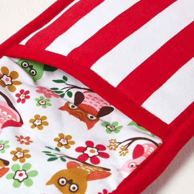 Homescapes Red Owls Cotton Double Oven Glove
