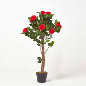 Homescapes Red Potted Rose Tree Artificial Plant with lifelike green leaves and single trunk, 90 cm