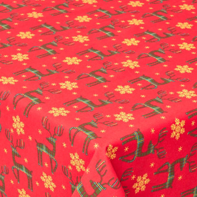 Homescapes Red Reindeer 100% Cotton Round Christmas Tablecloth 178 cm